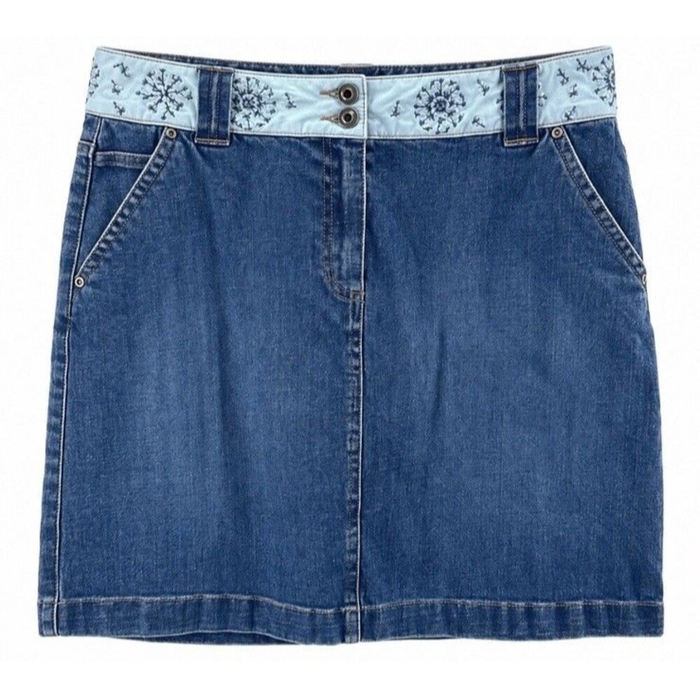 Talbots Petites Denim Skirt 10P Blue Embroidered Floral Waist Stretch Jean Skirt